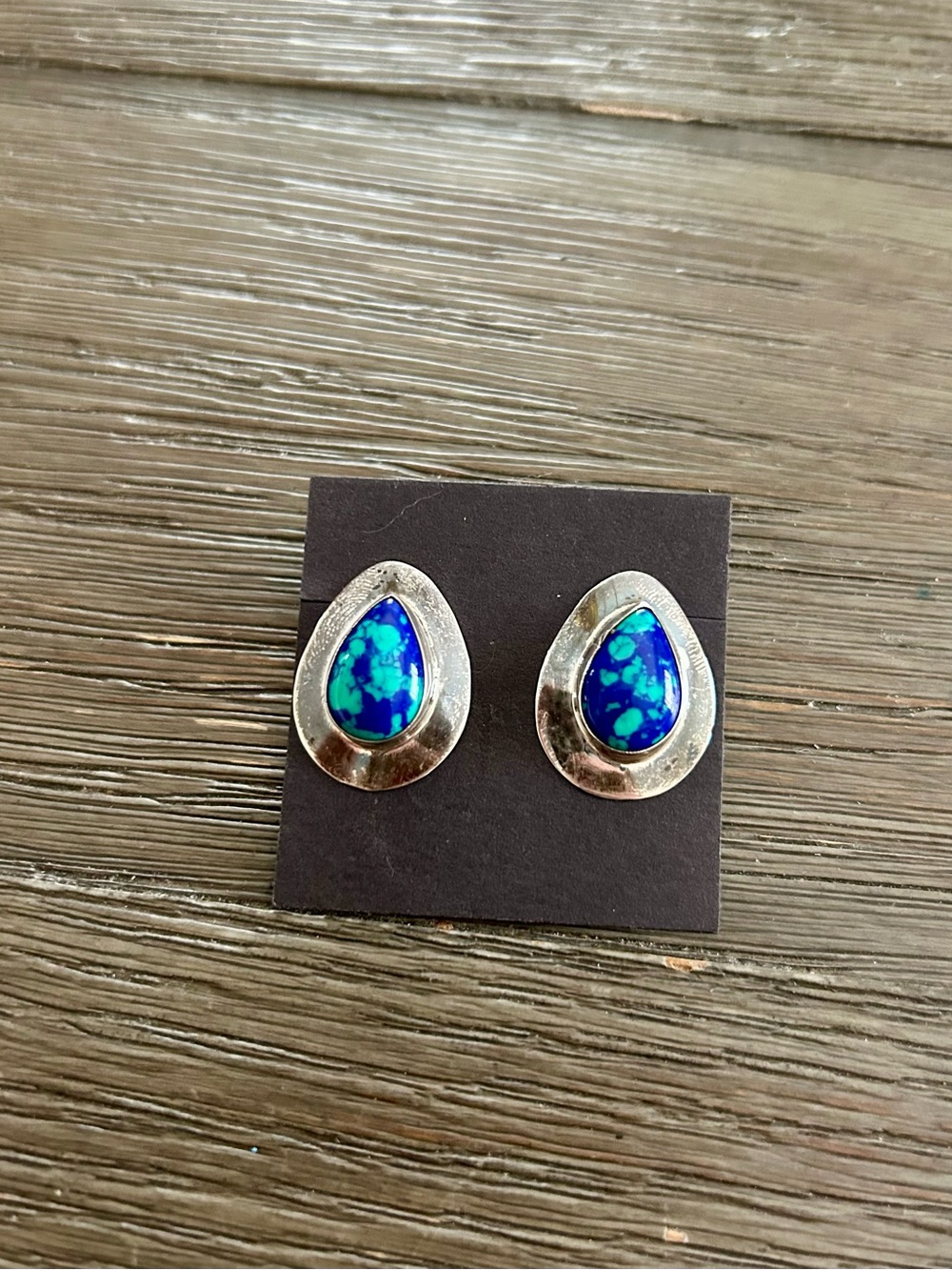 Vintage Sterling Silver Navajo Native Azurite Malachite Teardrop Stud Earrings